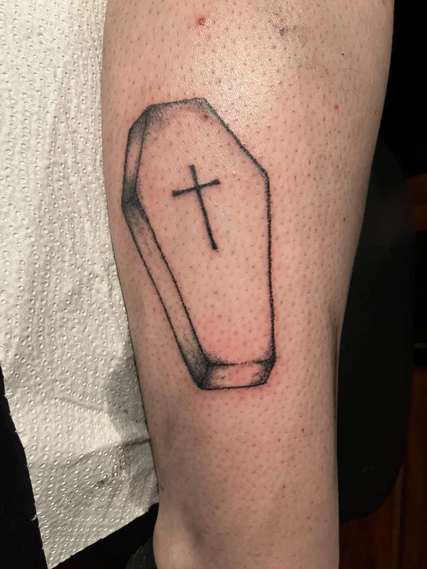 Handpoked Coffin Tattoo – Calf